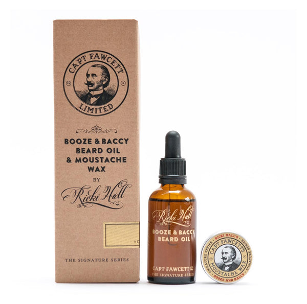 Captain Fawcett Ricki Hall Booze and Baccy Beard Oil and Moustache Wax Gift Set